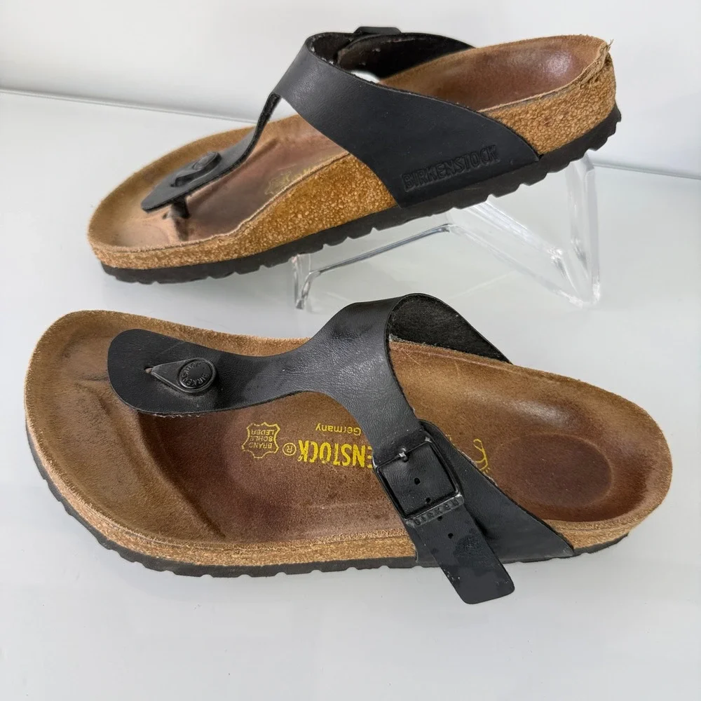Birkenstock Gizeh Sandals Women 38 Black Birko-Flor Thong Buckle 12146